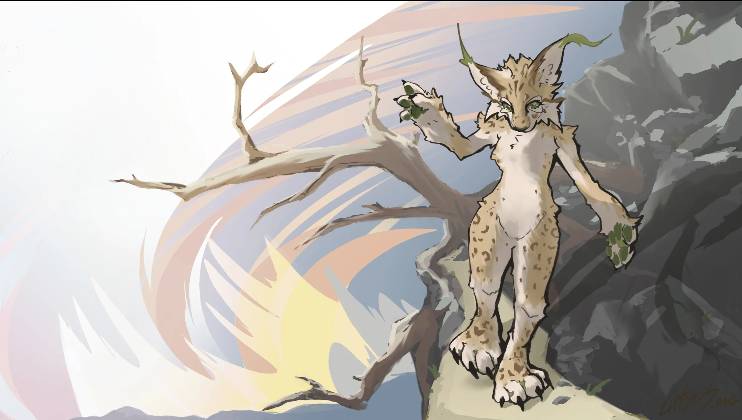 A digital drawing of a humanoid lynx chilling on a rocky ledge. This dude's got light brown fur with darker spots, piercing green eyes, and pointy ears with green tufts. He's got a lean, muscular build and is rocking some green gloves. The backdrop is a wild mix of pastel blues, pinks, and yellows, making it look like a surreal sunset.
